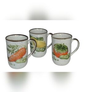 Vintage 1970's Set of 3 Speckled Stoneware Vegetable Garden Coffee Mugs Cups